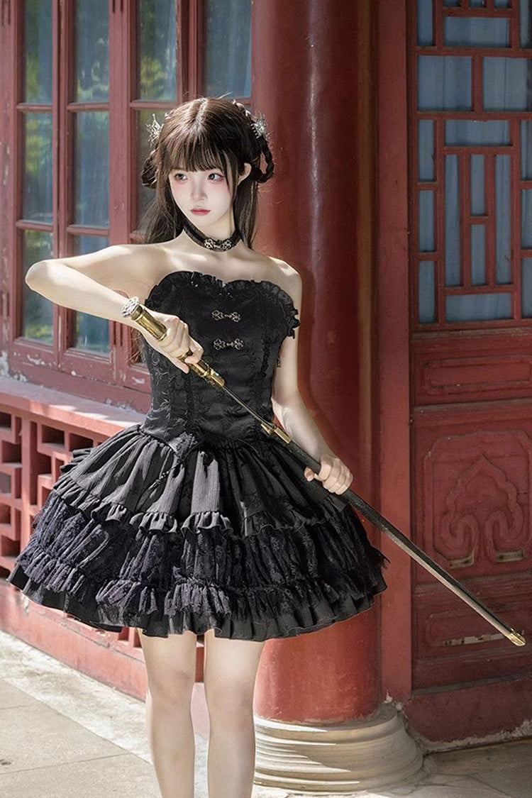 Black Bamboo Dream Multi-layer Dark Pattern Print Ruffle Gothic Lolita Skirt Set