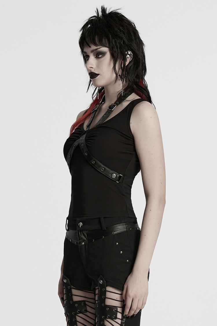 Black Halterneck Sleeveless Buckle Strap Women's Punk Vest