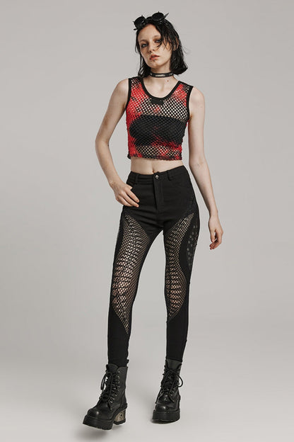 Black Hollow Stitching Irregular Mesh Women's Steampunk Pants
