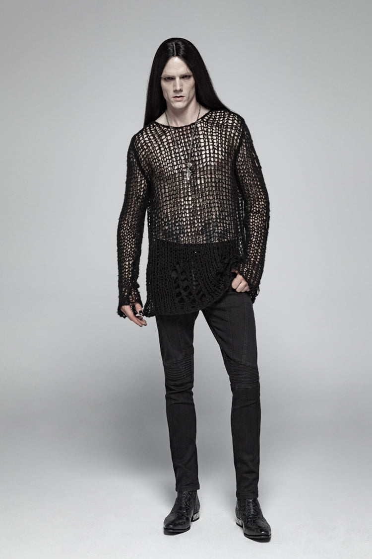 Black Casual Ripped Pullover Men's Steam Punk Sweater