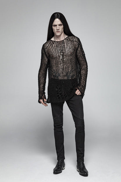 Black Casual Ripped Pullover Men's Steam Punk Sweater