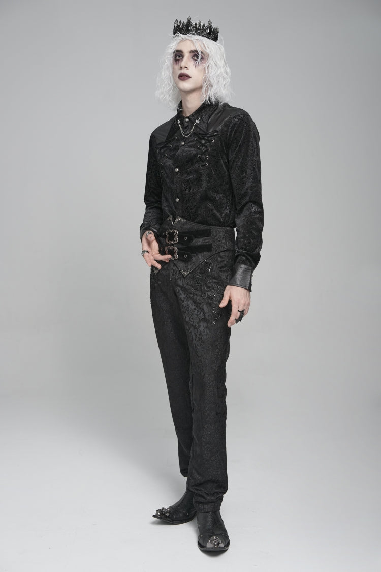 Black Lapel Collar Long Sleeves Print Embroidery Lace-Up Men's Gothic Blouse
