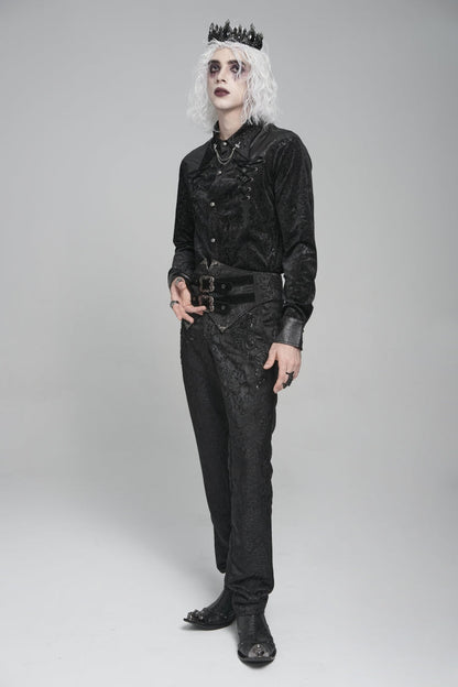 Black Lapel Collar Long Sleeves Print Embroidery Lace-Up Men's Gothic Blouse