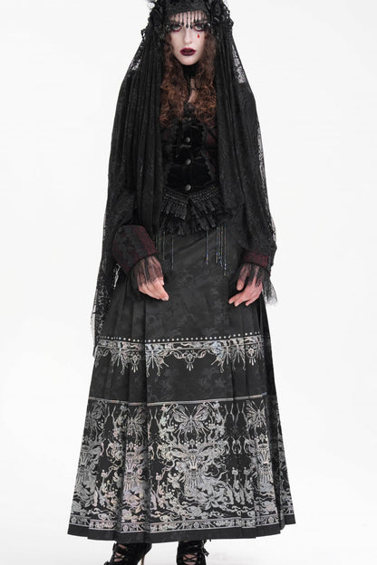 Black Print Embroidery Women's Gothic Crochet Tassels Bucket-up Long Skirt