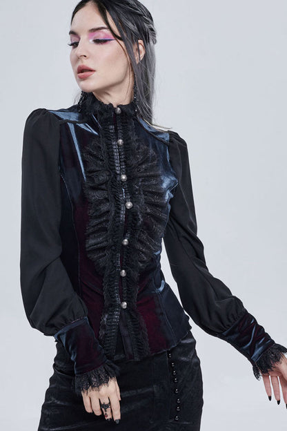 Black Gothic Turtleneck Three-Dimensional Lace Lantern Sleeves Stitched Velvet Lace-Up Long Sleeves Women's Shirt