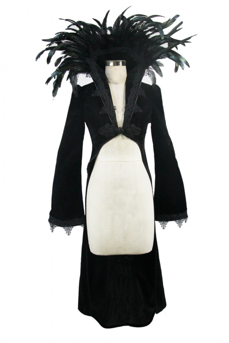 Black Feathered Collar Long Sleeves Bowknot Women's Gothic Tailcoat