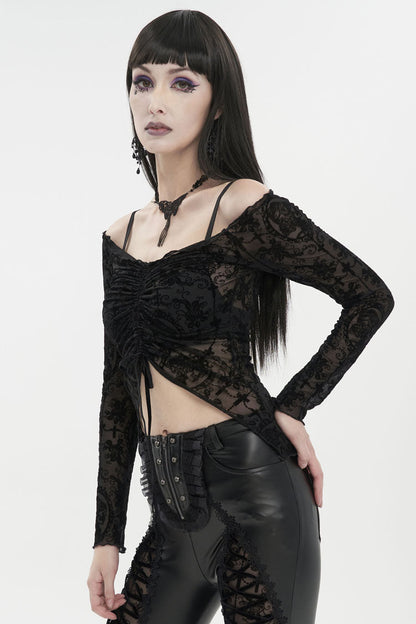 Black Flocked Chest Ruched Adjustable Off-Shoulder Women's Punk T-Shirt
