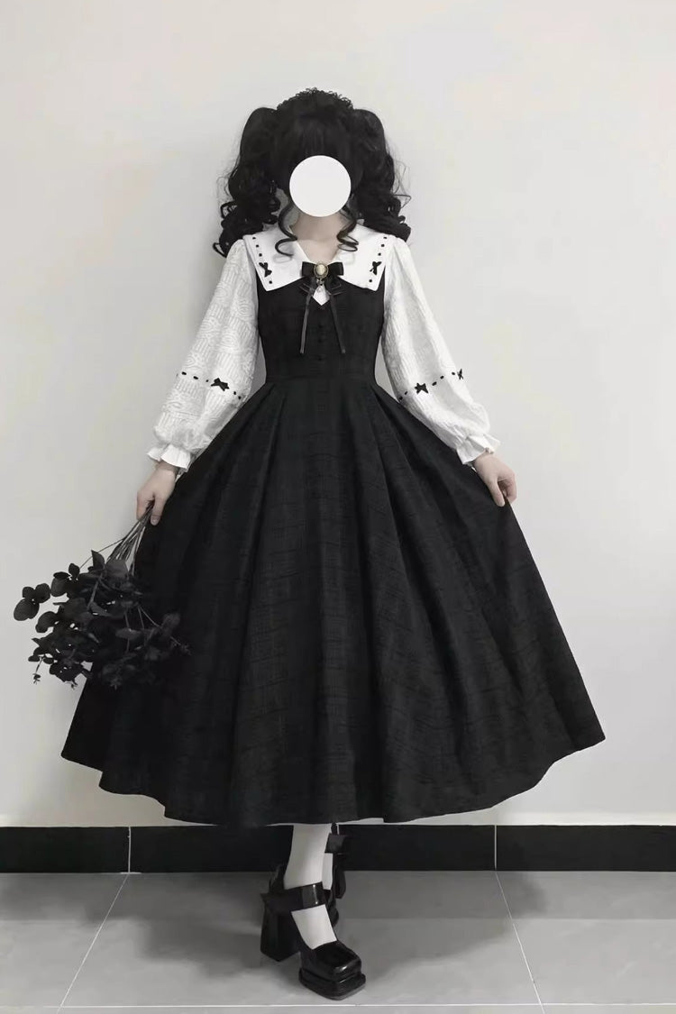 Black Lapel Collar Long Sleeves Ruffled Bow Sweet Lolita Jumper Dress Set