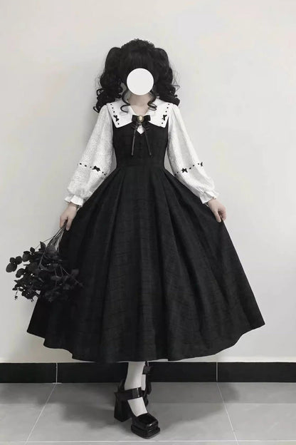 Black Lapel Collar Long Sleeves Ruffled Bow Sweet Lolita Jumper Dress Set