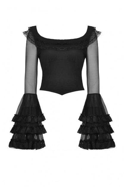 Black Multi-Layered Ruffled Lace Long Trumpet Sleeves Women's Gothic Princess Sexy Top