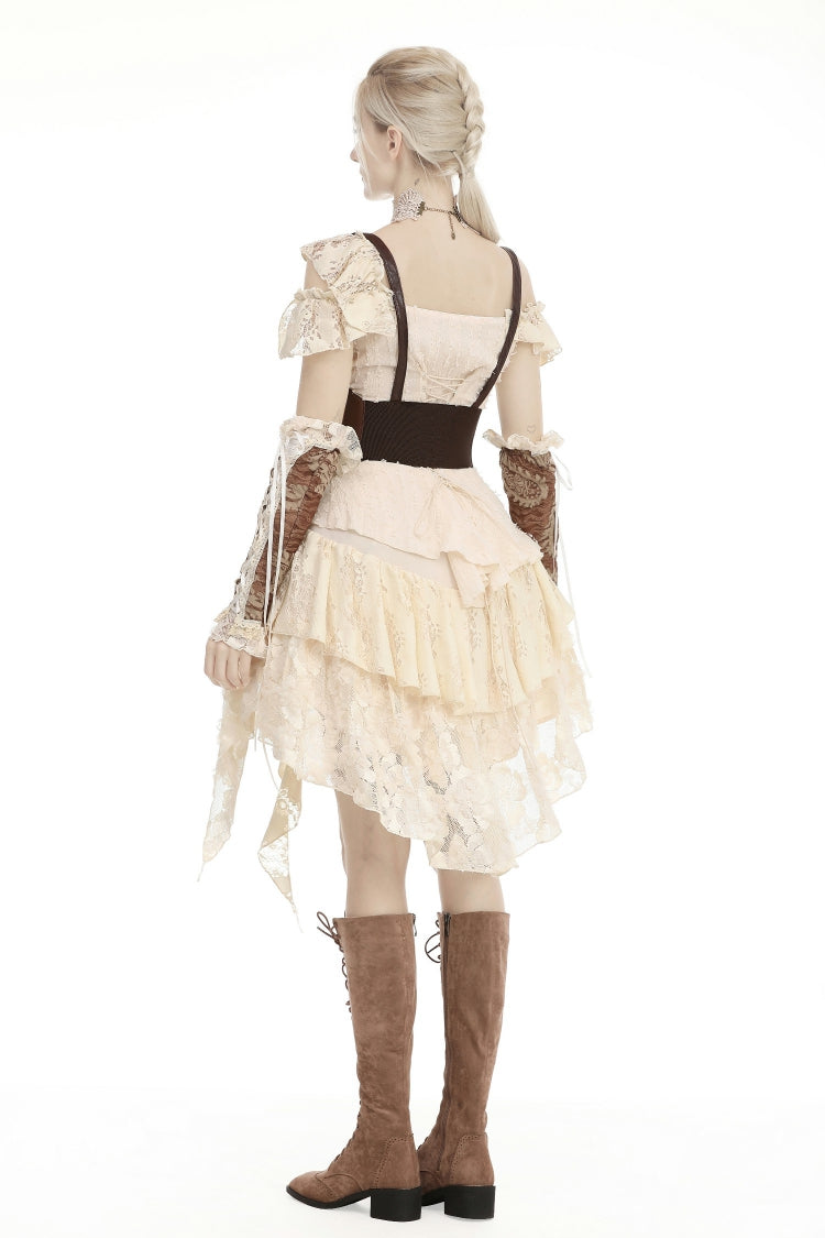 Beige Irregular Multi-Layered Ruffled Lace Women's Steampunk Vintage Dress