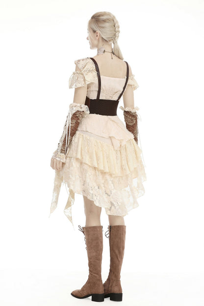 Beige Irregular Multi-Layered Ruffled Lace Women's Steampunk Vintage Dress