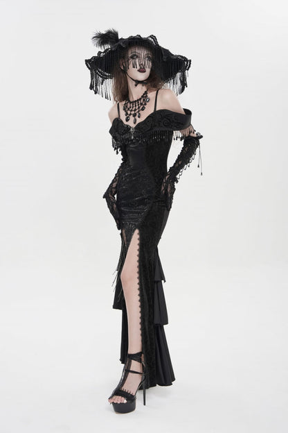 Black Off Shoulder Sleeveless Embroidered Lace Slim Women's Gothic Gorgeous Strapless Dress
