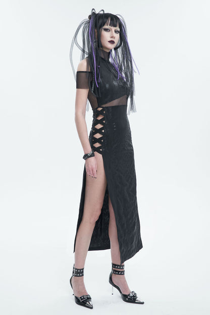 Black Off The Shoulder Irregular Knit Paneled Mesh Side Slit Women's Punk Dress
