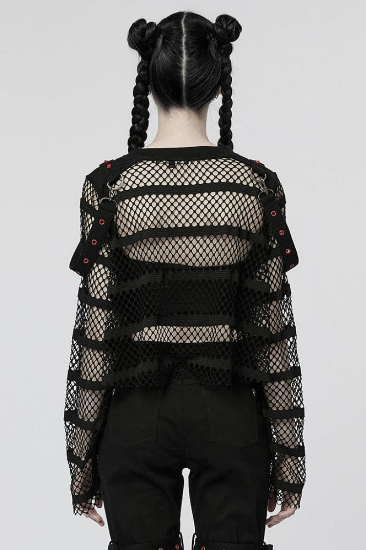 Black Long Sleeves Lace-Up Sheer Mesh Womens Steampunk T-Shirt
