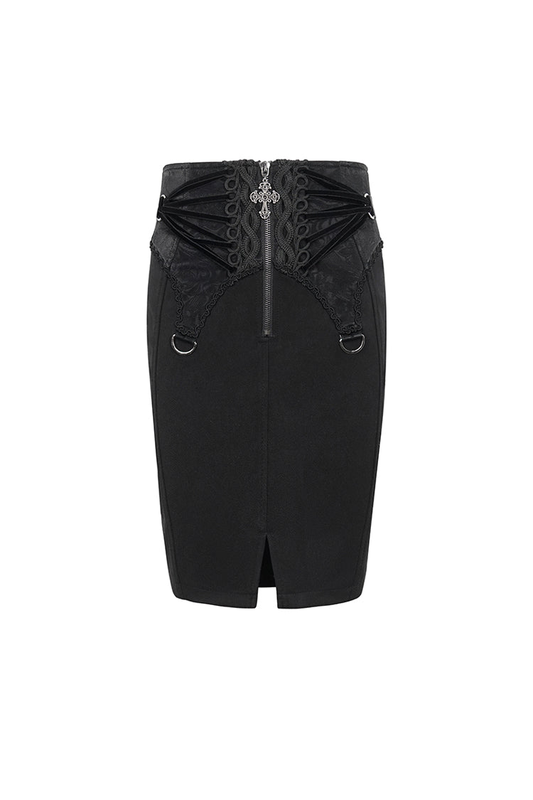 Black Lace Up Floral Embroidered Women's Gothic Split Skirt