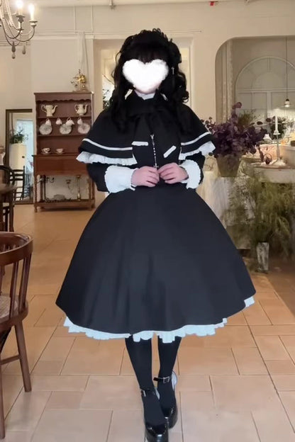 Black Long Sleeves Ruffled Bow Maid Gothic Lolita Dress Cloak Two-piece Set