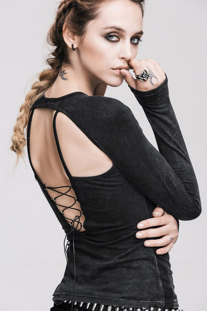 Black Hollow Out Long Sleeves Womens Punk Straps T-Shirt