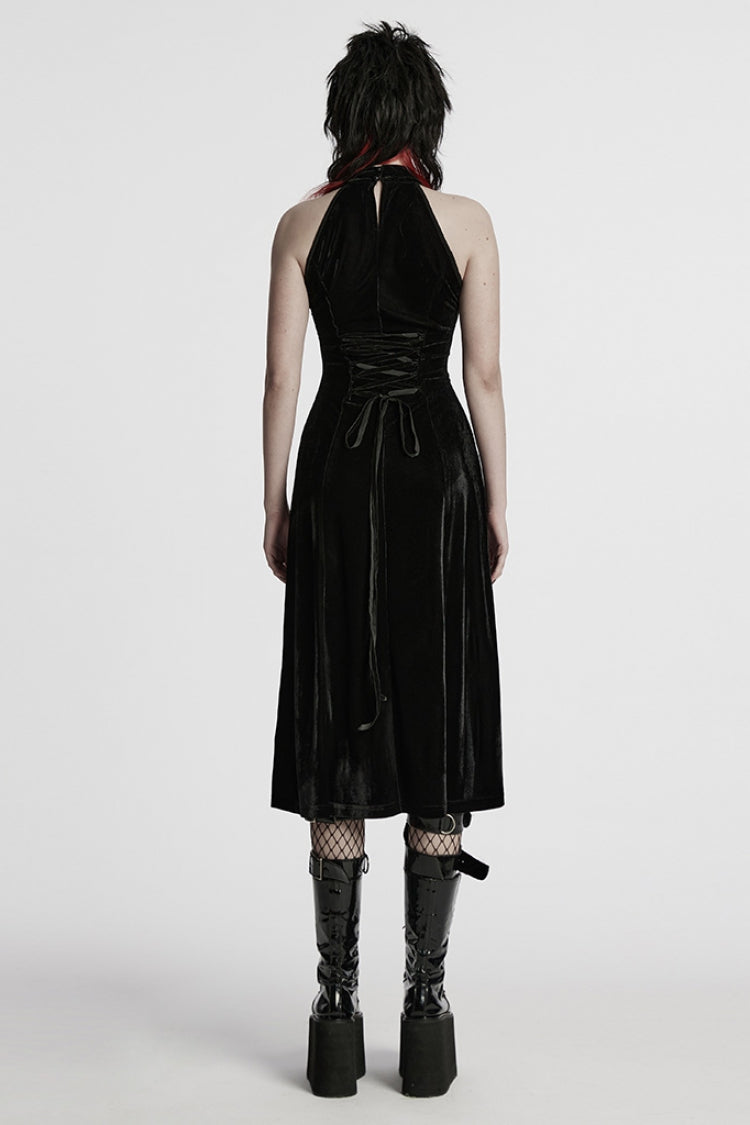 Black Halterneck Sleeveless Stitching Mesh Women's Gothic Dress