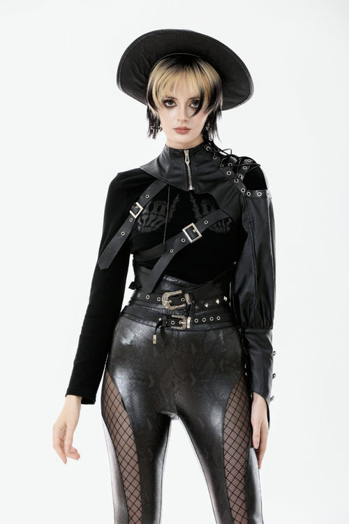 Black Cut-Out Asymmetric Buckled Zippered Women's Punk Cape