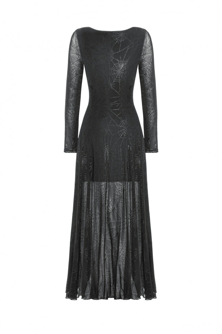 Black Long Sleeves Lace-Up Spiderweb Women's Gothic Elegant Witch Long Dress
