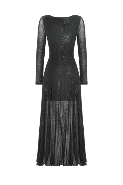 Black Long Sleeves Lace-Up Spiderweb Women's Gothic Elegant Witch Long Dress