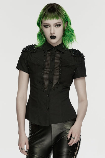 Black Lapel Collar Short Sleeves Mesh Studded Tassels  Women's Punk Blouse
