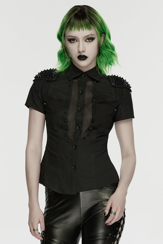 Black Lapel Collar Short Sleeves Mesh Studded Tassels  Women's Punk Blouse