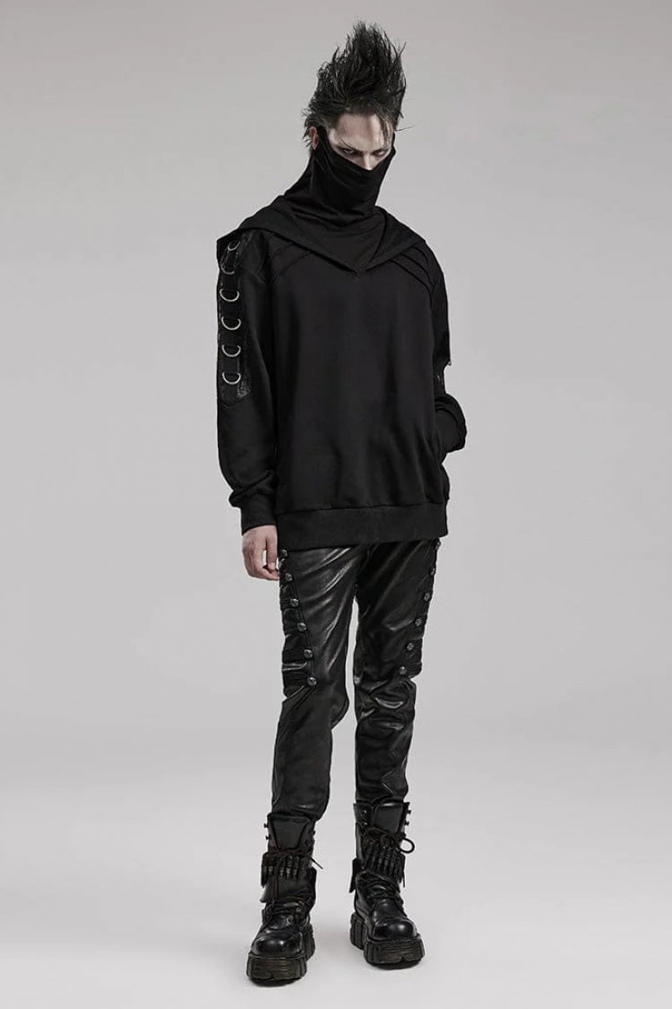 Black High Collar Long Sleeves Stitching Hooded Mens Steampunk Jacket