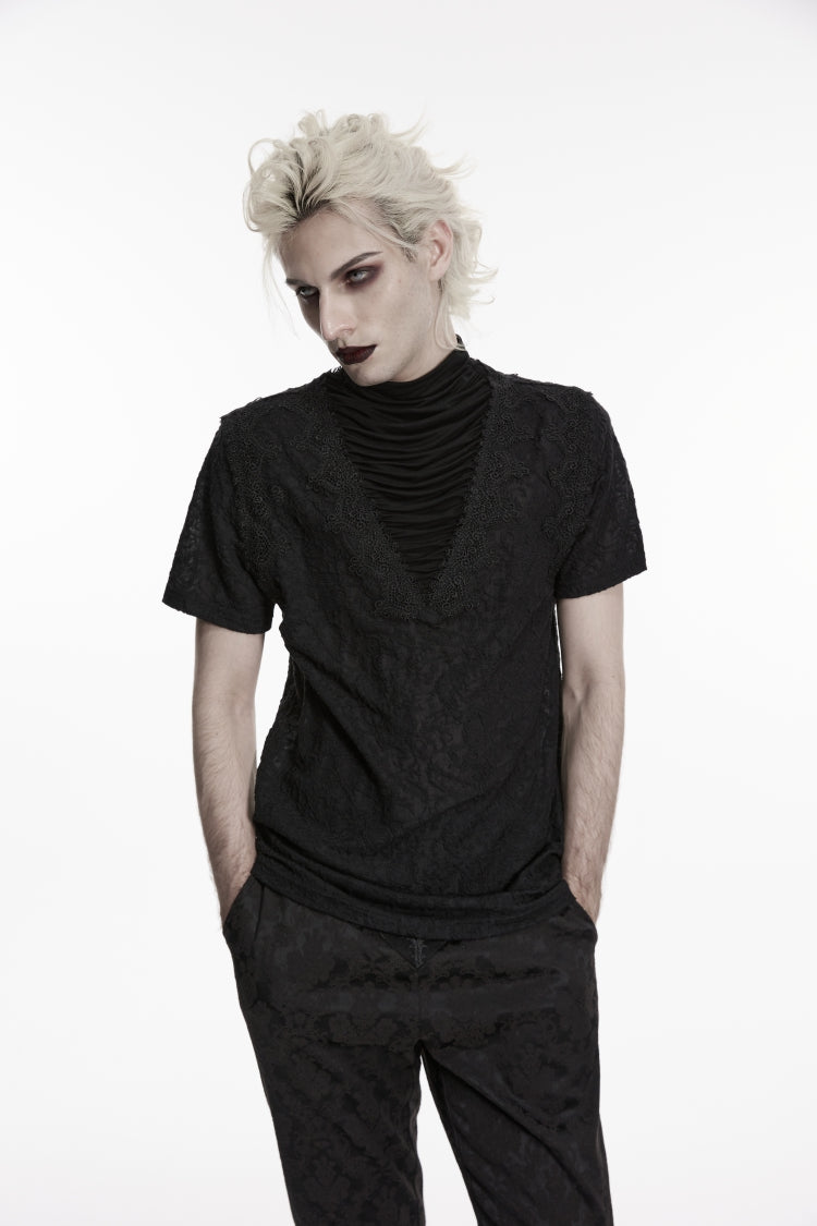 Black High Collar Short Sleeves Spliced Pleated Men's Gothic Shirt