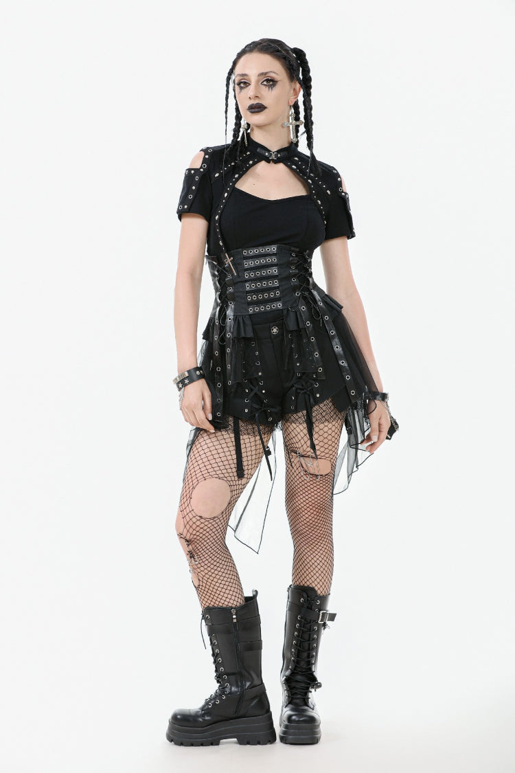 Black High Waisted Lace-Up High/low Mesh Women's Punk Skirt