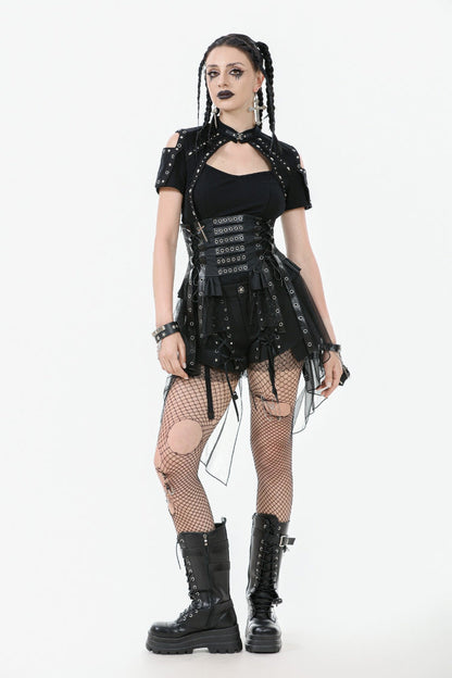 Black High Waisted Lace-Up High/low Mesh Women's Punk Skirt