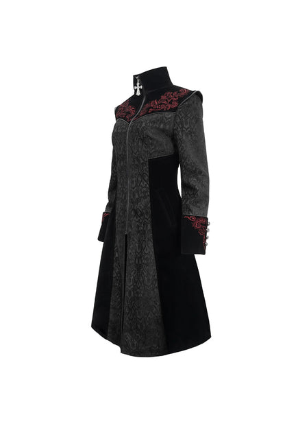 Black Jacquard Studded Mushroom Buckle Metal Cross Embroidered Women's Gothic Coat