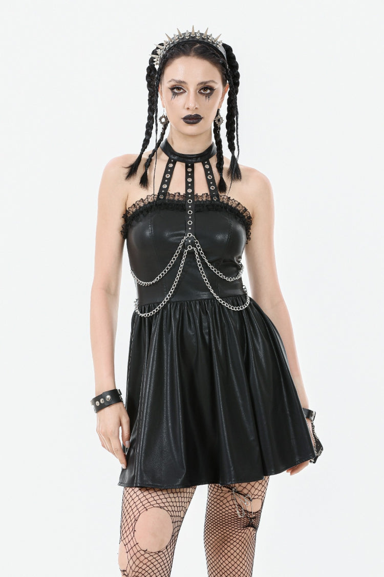 Black Halterneck Zippered Chain-Decorated Eyelet Women's Punk Faux Leather Dress