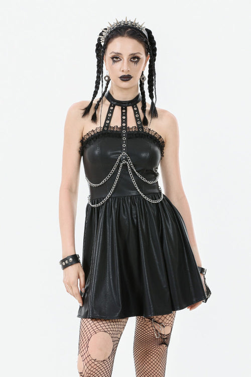 Black Halterneck Zippered Chain-Decorated Eyelet Women's Punk Faux Leather Dress