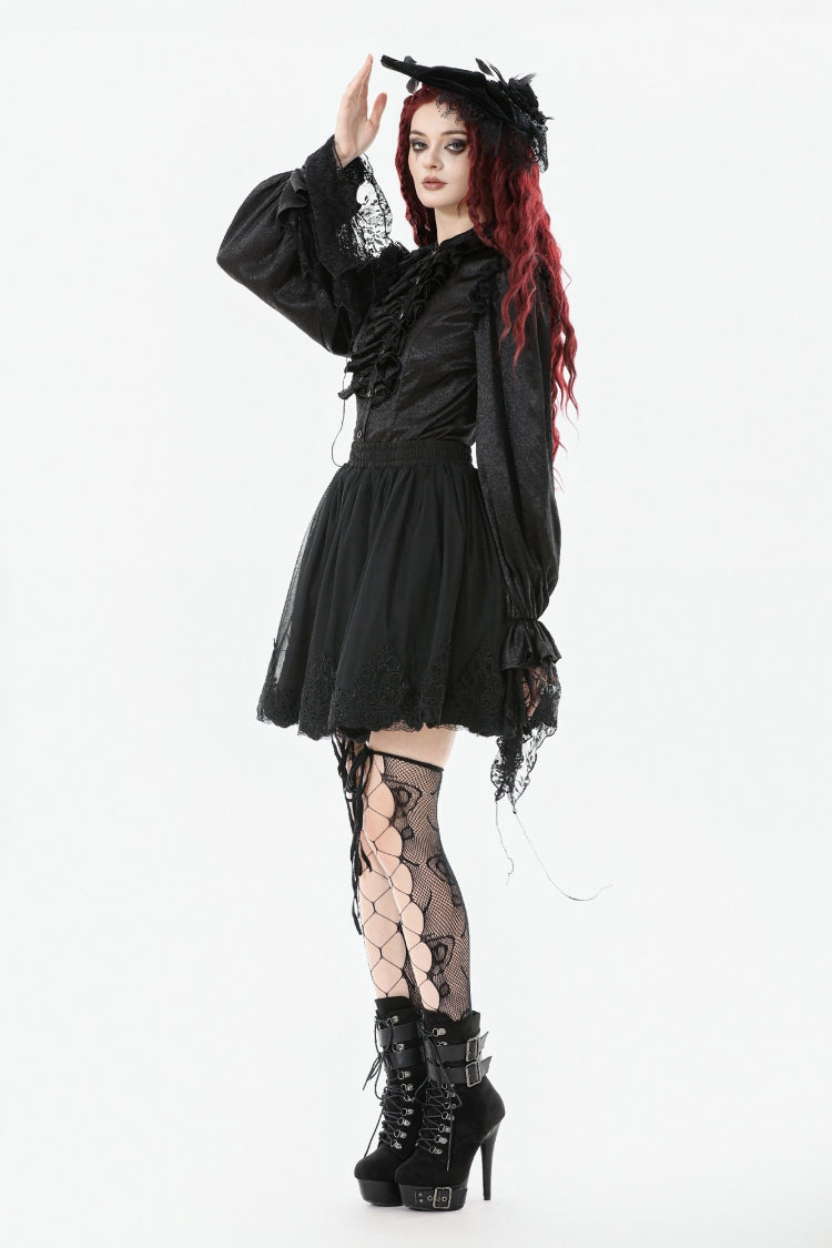 Black Long Lantern Sleeves Ruffled Spliced Lace Women's Gothic Blouse