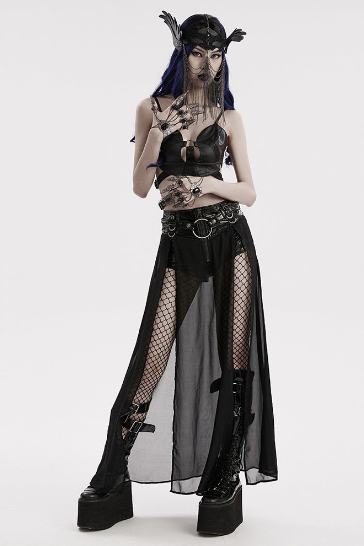 Black Artificial Leather Stitching Bat Shaped Lace Tassel Women's Steampunk Chain Mask