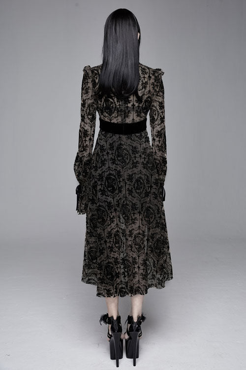 Black Floral Flocking Printed Long Sleeves Velvet With Tie Womens Gothic Dress