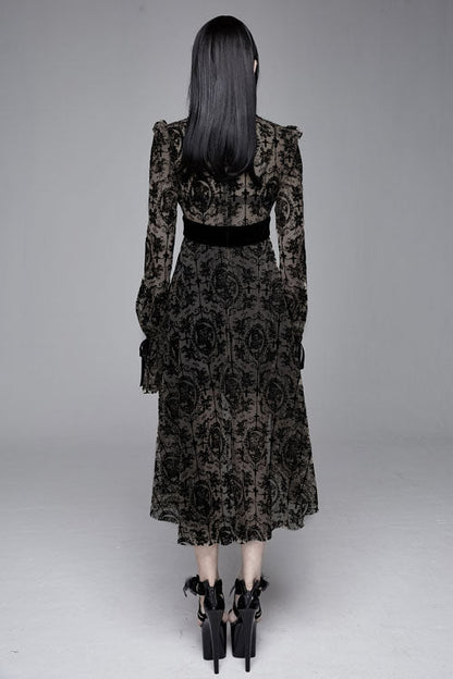Black Floral Flocking Printed Long Sleeves Velvet With Tie Womens Gothic Dress