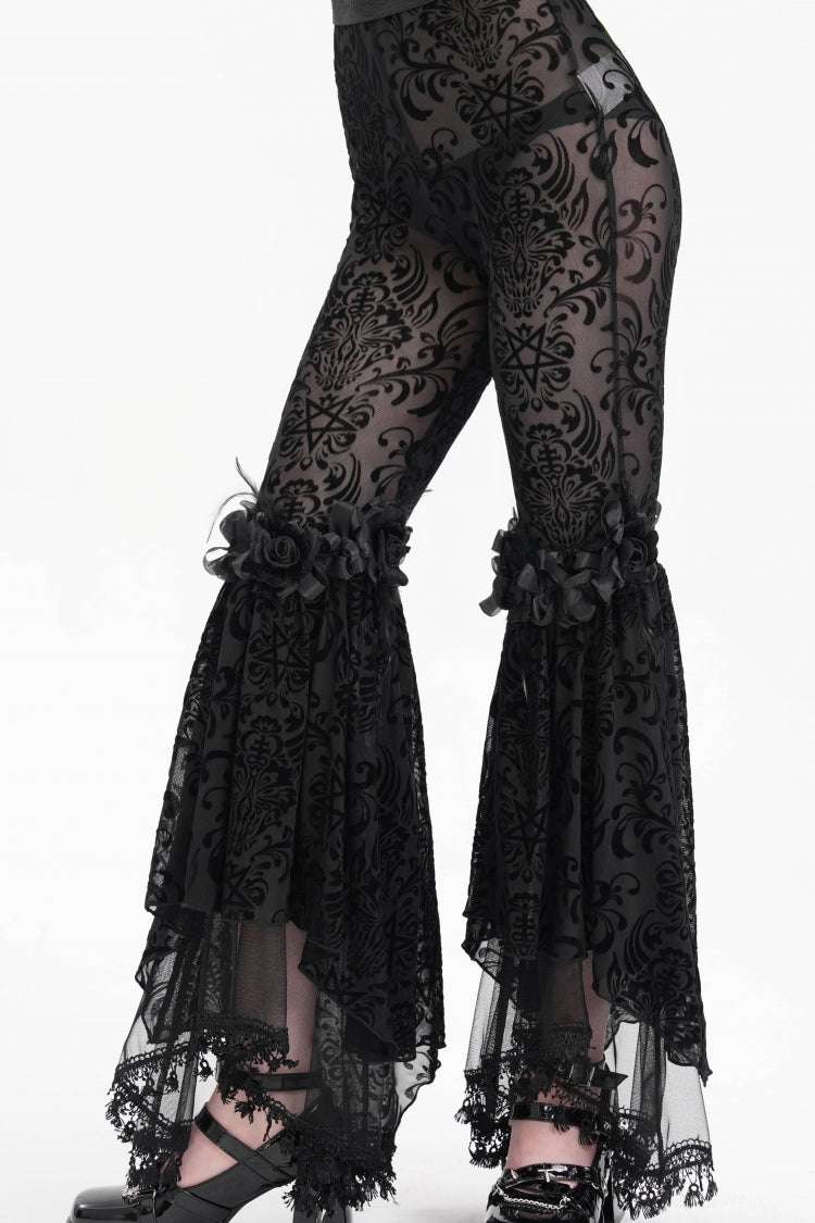Black Embroidery Lace Sheer Mesh Tassels Women's Gothic Pants