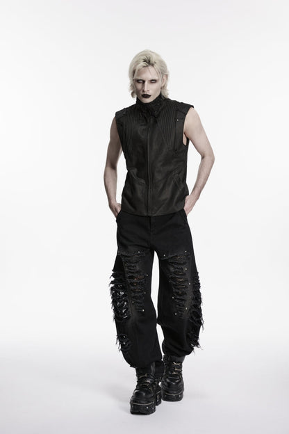 Black Irregular Mesh Ripped Studded Zippered Eyelet Men's Punk Handsome Cool Pants