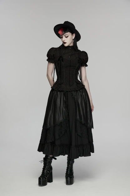 Black High Waisted Multi-Layered Floral Embroidered Lace Pleated Women's Gothic Elegant Cosplay Skirt
