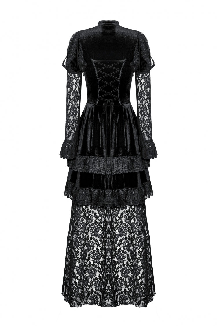 Black Long Puff Sleeves Cut-Out Lace Spliced Velvet Lace-Up Women's Gothic Princess Evening Dress