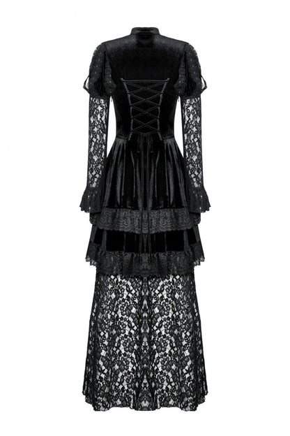 Black Long Puff Sleeves Cut-Out Lace Spliced Velvet Lace-Up Women's Gothic Princess Evening Dress