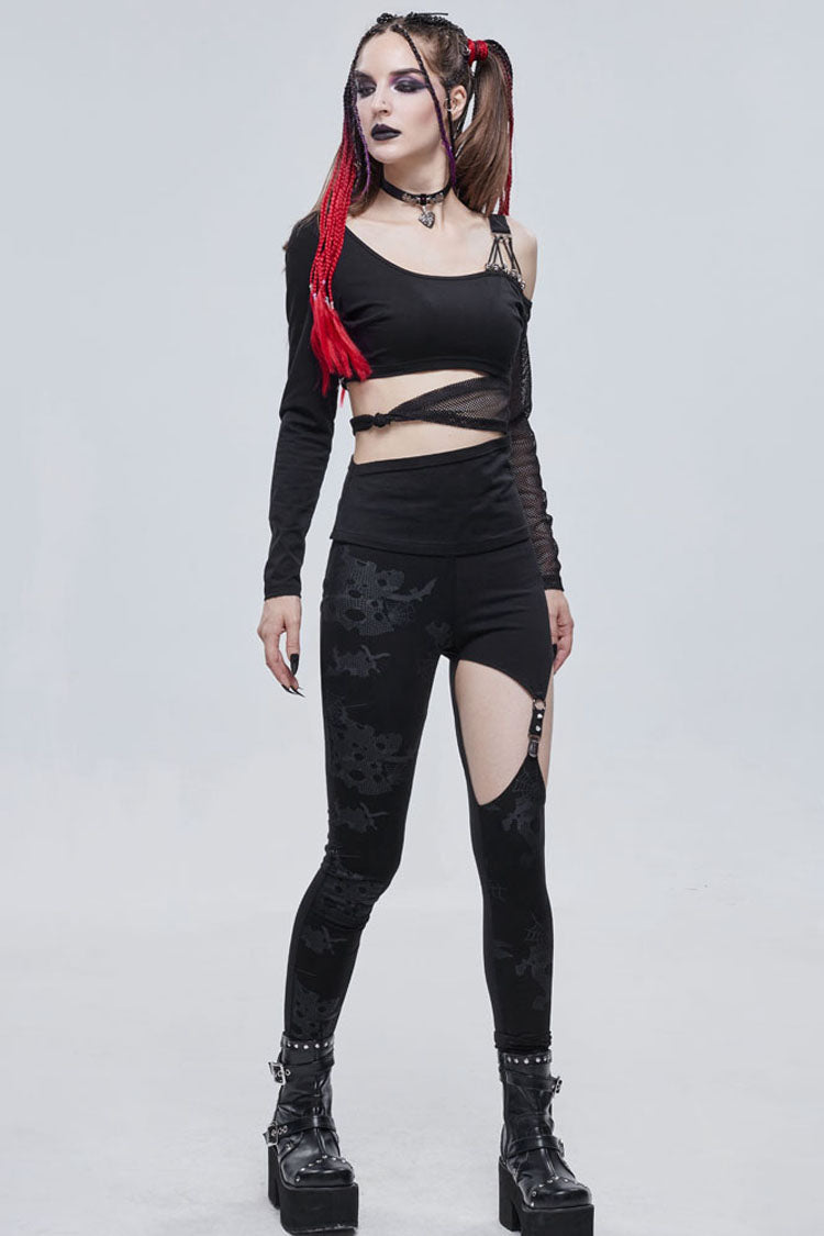 Black Gothic Ripped Spider Web Print Asymmetric Belt Buckle Decoration Women's Leggings