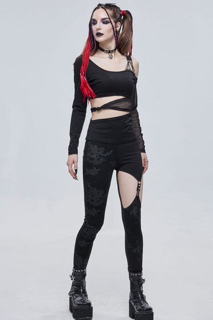 Black Gothic Ripped Spider Web Print Asymmetric Belt Buckle Decoration Women's Leggings