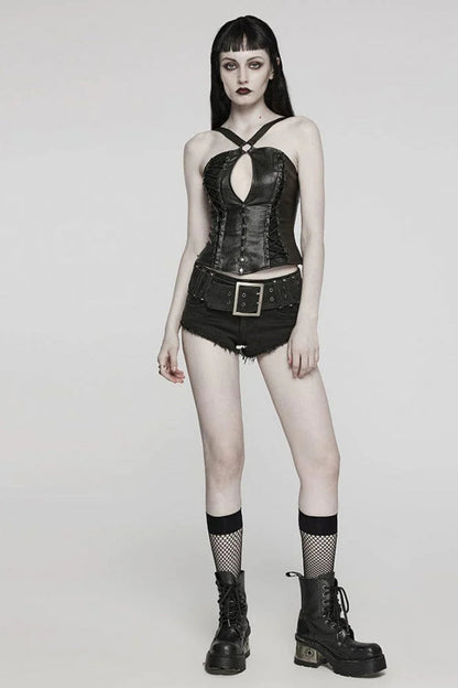 Black Cross Straps Hollow Lace-Up Womens Steampunk Vest