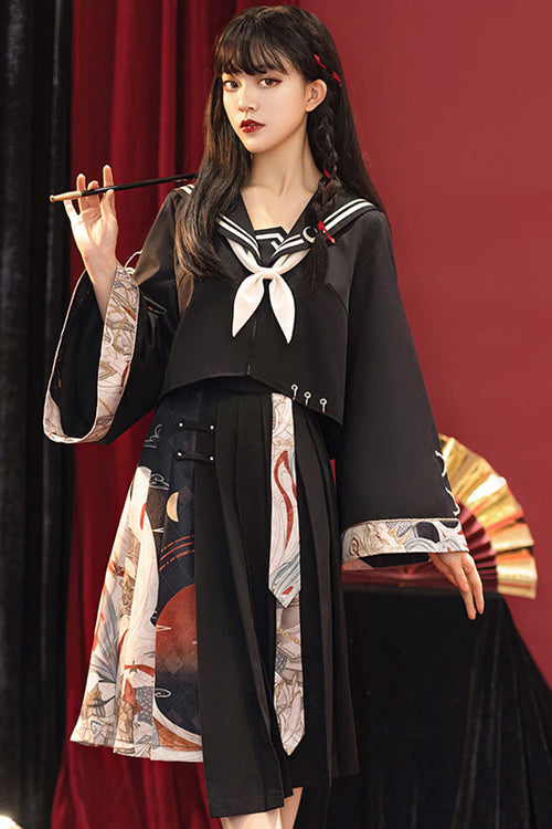 Black Bad Girl Chinese Elements Printed Asymmetric Pleated Skirt Full Set Of Classic Lolita Dress
