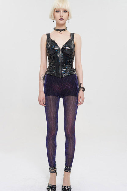 Black Color Changing Mesh Splicing Wavy Mesh Surface Women's Punk Leggings