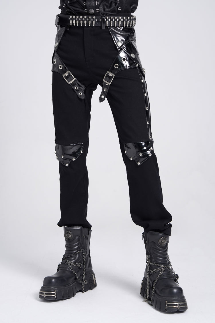 Black Armor Patent Leather Stitching Men's Punk Pants